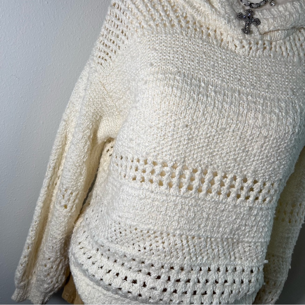 Anthropologie Pointelle Knit Crochet Open Knit Cream Hoodie Pullover Sweater S - Picture 4 of 7